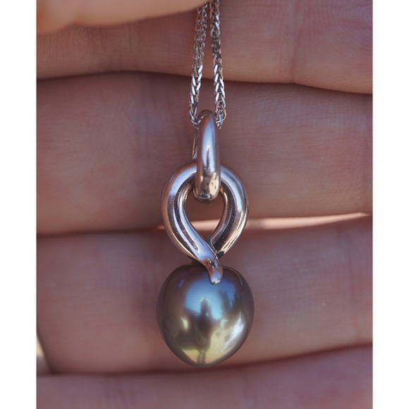 Vintage 18k Solid Gold Cultured Tahitian Black Pearl Pendant Necklace 12.3mm - Picture 5 of 13